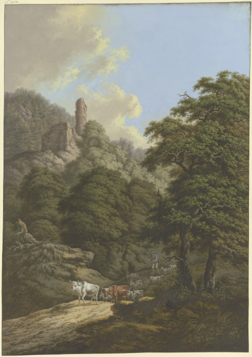 Waldige Berglandschaft mit einer Burgruine, ein Hirte treibt seine Herde von der Weide von Karl Franz Kraul