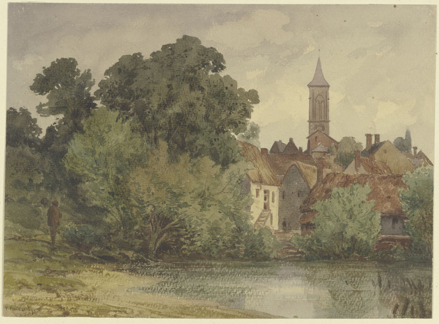 Weiher, dahinter Häuser eines Dorfes mit Kirchturm von Karl Peter Burnitz