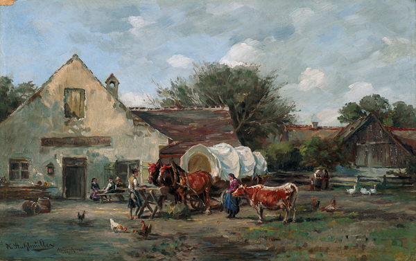 Bauernfuhrwerk vor einem Dachauer Gasthaus. von Karl Stuhlmüller