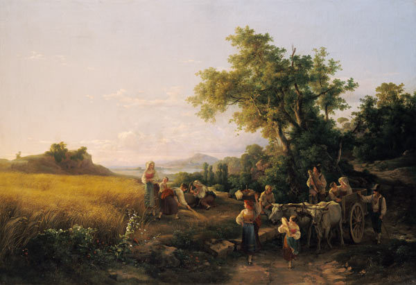 Italienische Landschaft mit Ochsenwagen während der Kornernte von Károly Markó