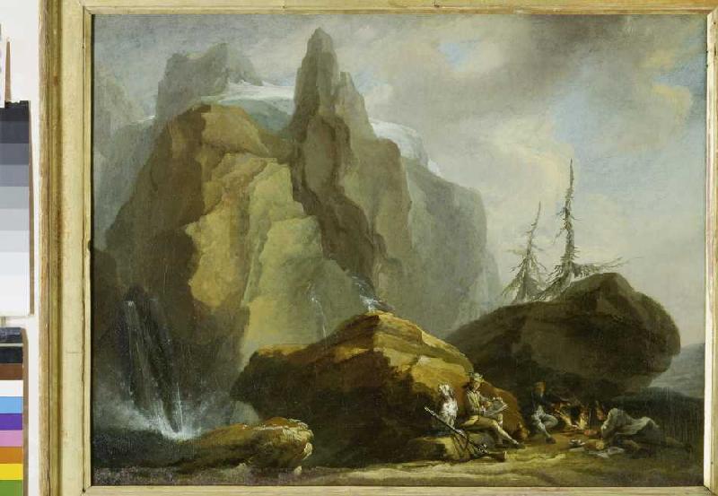 Hochgebirgslandschaft mit rastenden Bergsteigern und dem Maler von Kaspar Wolf