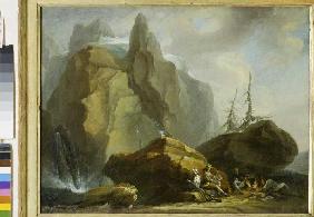 Hochgebirgslandschaft mit rastenden Bergsteigern und dem Maler
