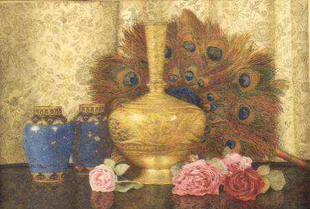Eastern Presents: Cloisonne Vase, Peacock Feathers, Damask Roses and Indian Vase von Kate Hayllar