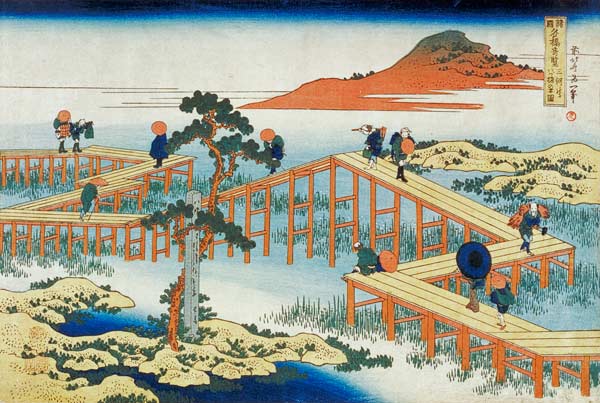 Eight part bridge, province of Mucawa, Japan, c.1830 (wood block print) von Katsushika Hokusai