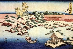 Schneelandschaft am Ufer des Flußes Sumida