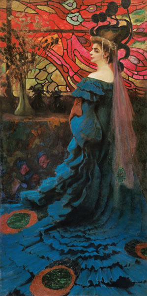 Frau vor einem Glasfenster (Der Pfau) Bildnis der Zofia Borucinska. von Kazimierz Stabrowski