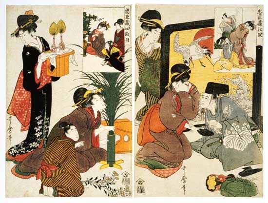 Two Scenes From The Series  ''Loyal League'' Depicting Everyday Life Of An Edo Period Household von Kitagawa  Utamaro