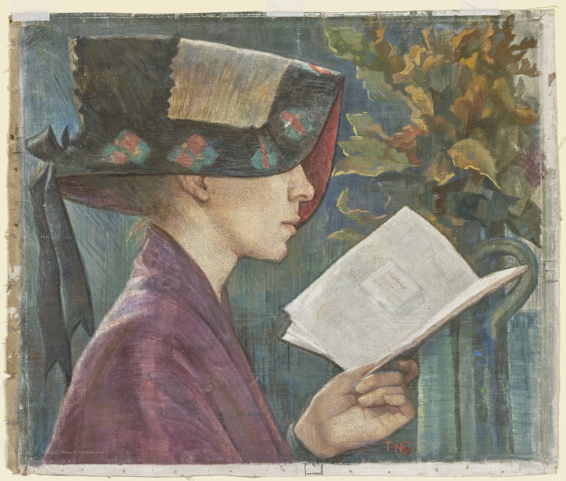 Junge Frau mit Haube, lesend nach rechts von Klementine Noll-Prenger