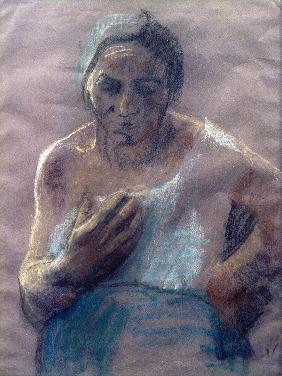 Arbeiterfrau mit Hand vor der Brust 1904-01-01