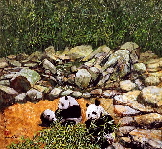 Happy Family (Pandas) 1993 (gouache on silk)  von Komi  Chen