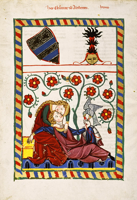 Buchmalerei, von der Falkenbeize heimgekehrt, ruht im Schoße seiner Dame von Konrad von Altstetten