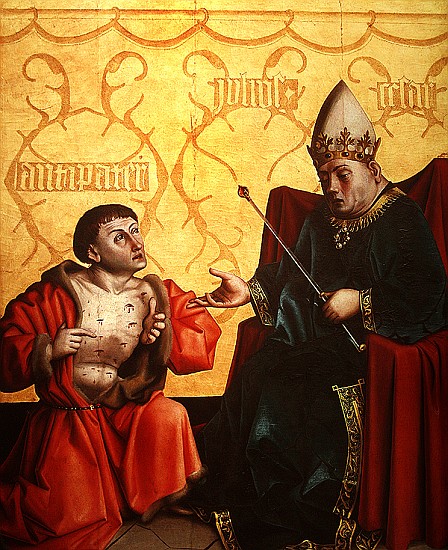 Antipater kneeling before Juilus Caesar, from the Mirror of Salvation Altarpiece, c.1435 (tempera on von Konrad Witz