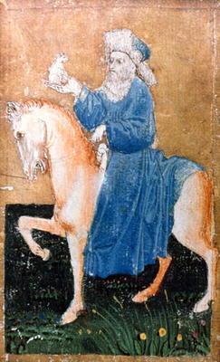 A mounted man holding a small dog, one of a set of playing cards depicting scenes of courtly hawking 15th