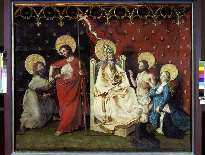 Christus und der ungläubige Thomas, sowie Maria vor Gottvater Rechter Flügel eines Triptychons von Konrad Witz (Schule)