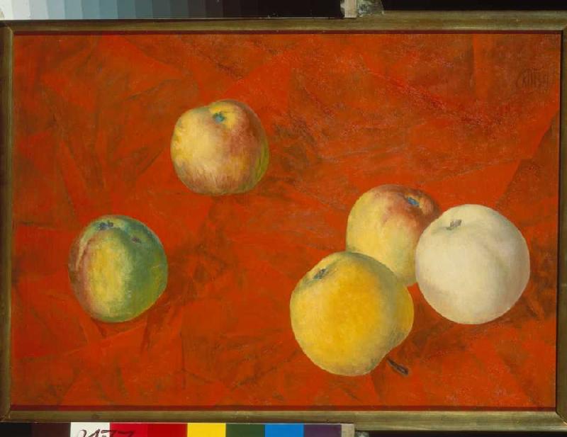 Äpfel auf rotem Untergrund von Kusma Sergejewitsch Petrow-Wodkin