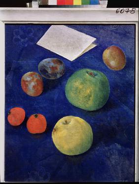 Früchte auf blauer Tischdecke 1921