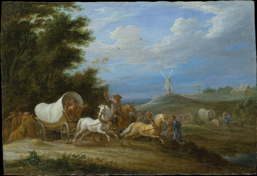 Landschaft mit dem Überfall einer Reitertruppe auf einen Packwagen von Lambert de Hondt