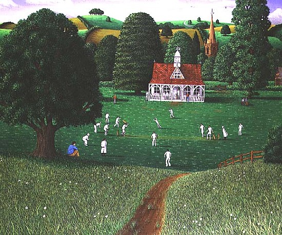 Cricket Match at St. Mary''s Grange, Wilts, 1986 (acrylic on linen)  von Larry  Smart