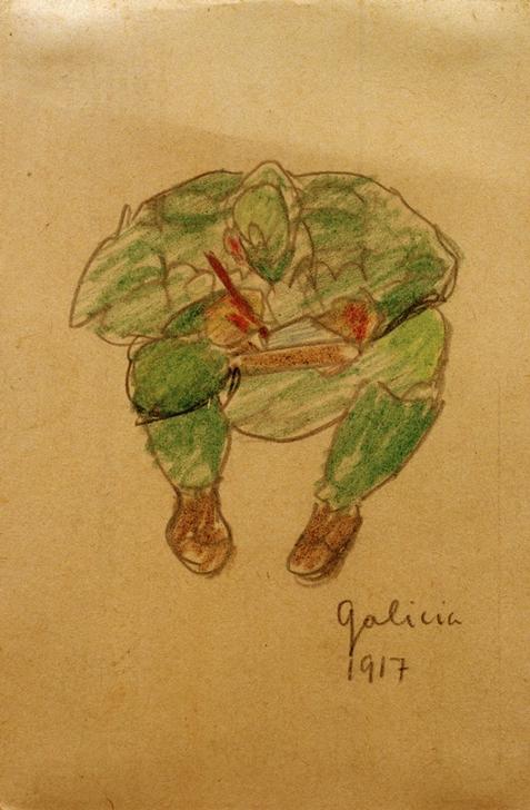 Im Hocken schreibender / zeichnender Soldat von László Moholy-Nagy