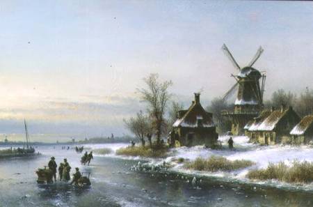 Windmill by a Frozen River von Laurens Johannes Kleijn