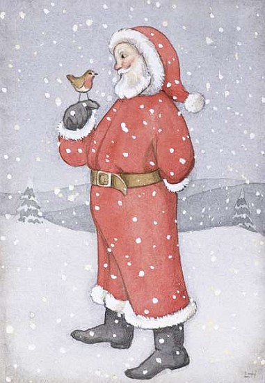 Father Christmas and a Robin (w/c on paper)  von Lavinia  Hamer