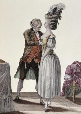 A tailor trying out a fashionable corset on a lady, plate from 'Galerie des Modes et Costumes', engr 19th