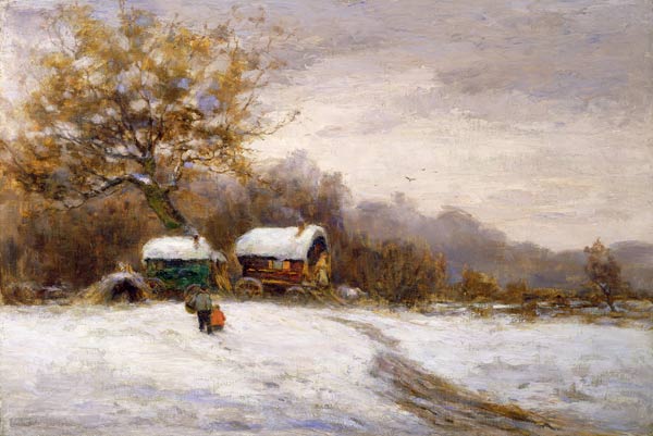 Gypsy Caravans in the Snow (oil on canvas) von Leila K. Williamson