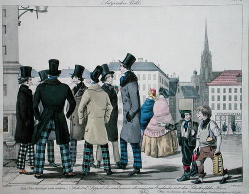 Elegant Men Wearing Scottish Trousers on the Streets of Vienna, engraved by J. W. Linke, c.1840 (col von Lempis