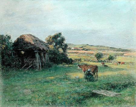 Landscape with a Peasant Woman Milking a Cow von Leon Augustin Lhermite