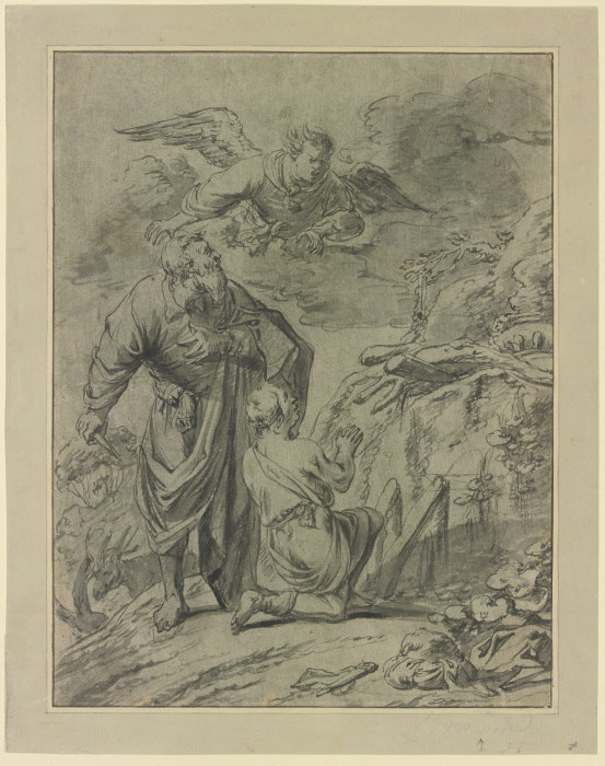 Abraham im Begriff seinen Sohn Isaak zu opfern, erblickt den Engel von Leonard Bramer