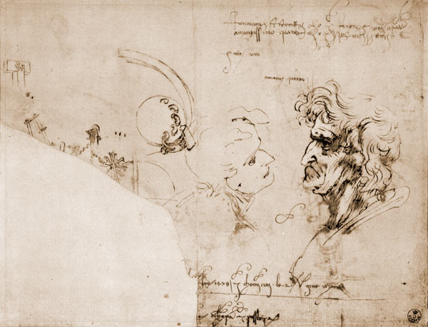 Study of two male heads, parts of machinery and mirror writing von Leonardo da Vinci