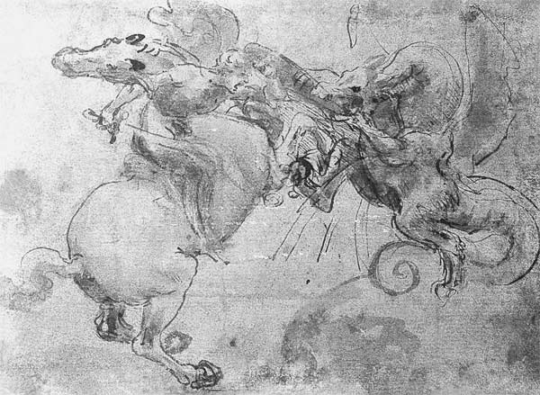 Battle between a Rider and a Dragon, c.1482 (stylus underdrawing, pen and brush on paper) von Leonardo da Vinci