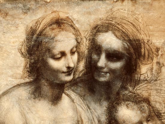 The Virgin and Child with SS. Anne and John the Baptist, detail of heads of the Virgin and St. Anne von Leonardo da Vinci
