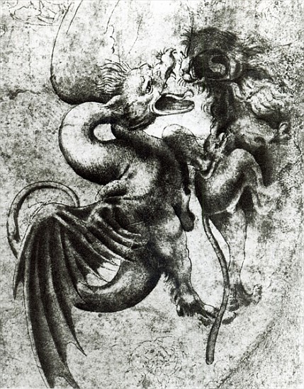 Fight between a Dragon and a Lion (brown ink with wash on paper) von Leonardo da Vinci