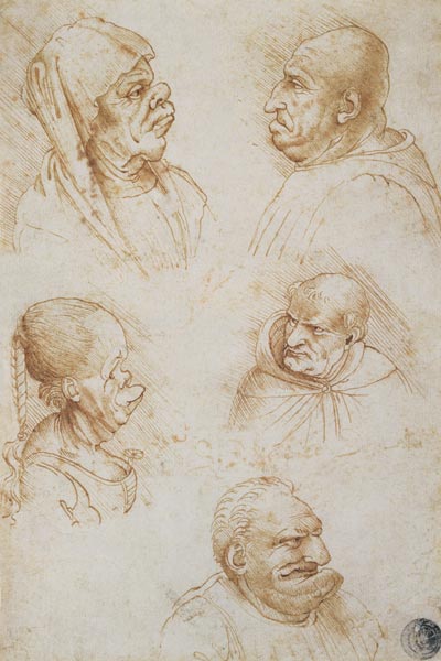 Five Studies of Grotesque Faces von Leonardo da Vinci