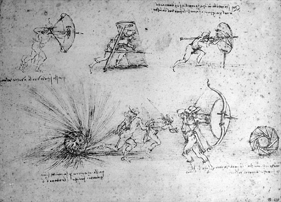 Study with Shields for Foot Soldiers and an Exploding Bomb, c.1485-88 (pen and ink on paper) von Leonardo da Vinci