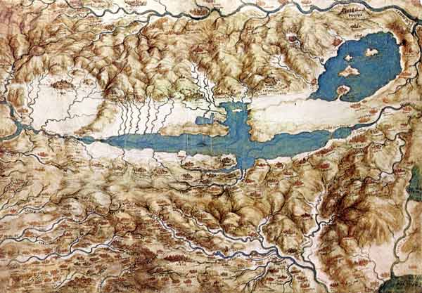 Topographische Ansicht von der Landschaft rund um die Ebene von Arezzo und the Val di Chiana von Leonardo da Vinci