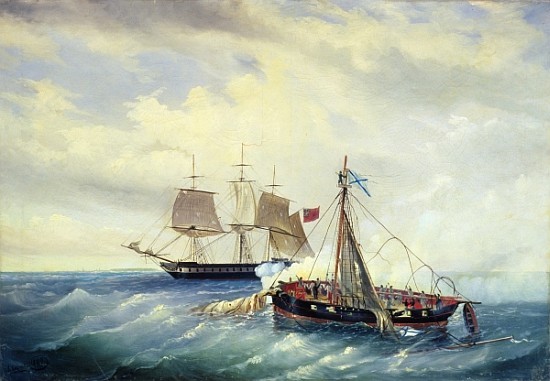 Battle between the Russian ship Opyt and a British frigate, off the coast of Nargen Island, 11th Jul von Leonid Demyanovich Blinov