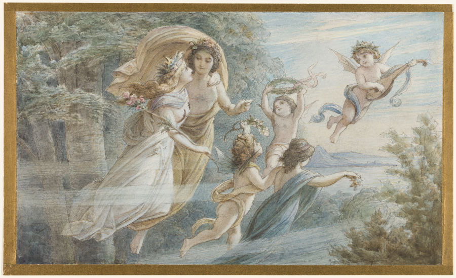Das schwebende Königspaar Oberon und Titania, begleitet von weiteren Elfen von Leopold von Bode