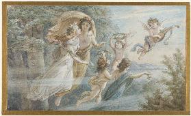 Das schwebende Königspaar Oberon und Titania, begleitet von weiteren Elfen