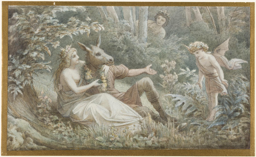 Die Elfenkönigin Titania bekränzt den neben ihr sitzenden, eselköpfigen Nick Bottom von Leopold von Bode