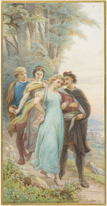 Die wieder vereinten Brautpaare auf dem Weg aus dem Wald, vorn Helena und Demetrius, dahinter Hermia von Leopold von Bode
