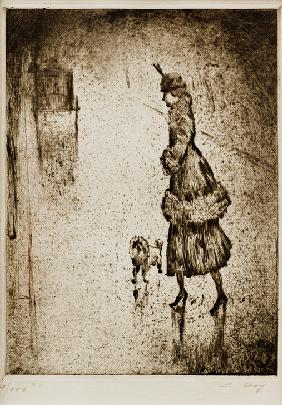 Dame mit Pudel auf regennasser Straße (Droschke links) 1921