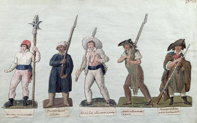 A Sans Culotte with his Pike, a Carter, a Market Porter, a Cobbler and a Carpenter (gouache on card) von Lesueur Brothers