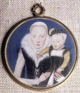 Portrait miniature of Lady Katherine Seymour, nee Grey (c.1538-68) Countess of Hertford, holding her c.1562