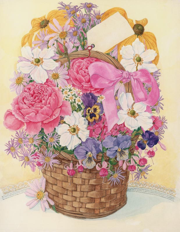 Basket of Flowers, 1995 (w/c on paper)  von Linda  Benton