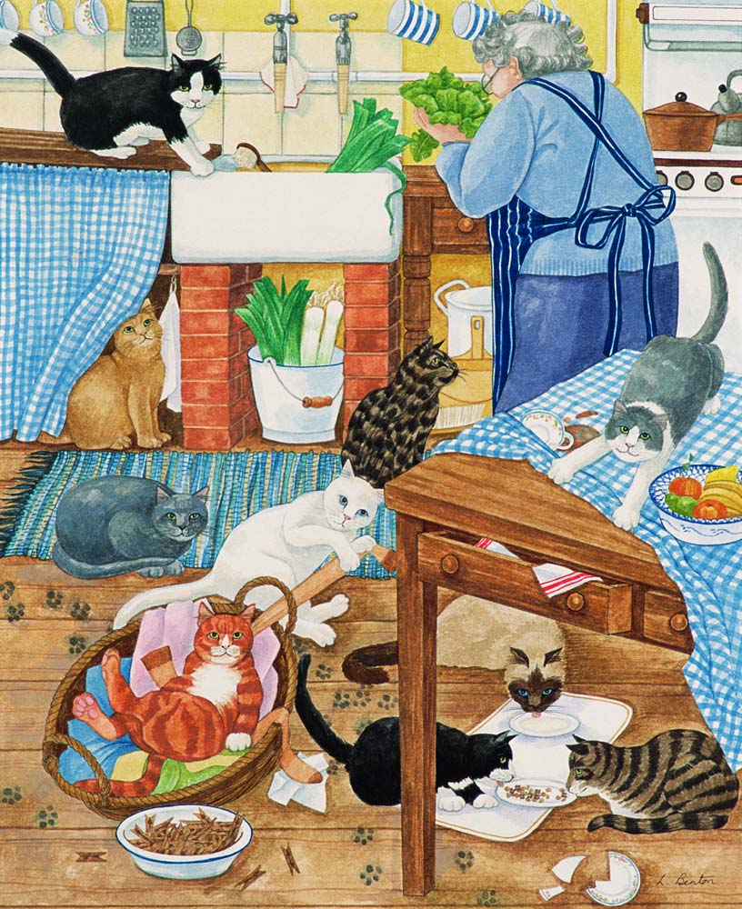 Grandma and 10 cats in the kitchen von Linda  Benton