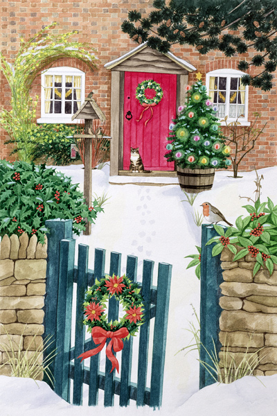 Snowy Front Garden (gouache on paper)  von Linda  Benton