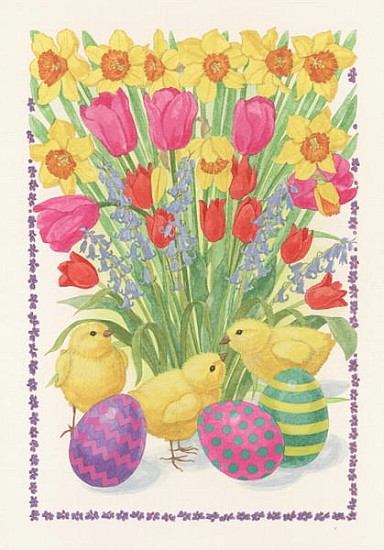 Chicks, Eggs and Flowers, 1995 (w/c on paper)  von Linda  Benton