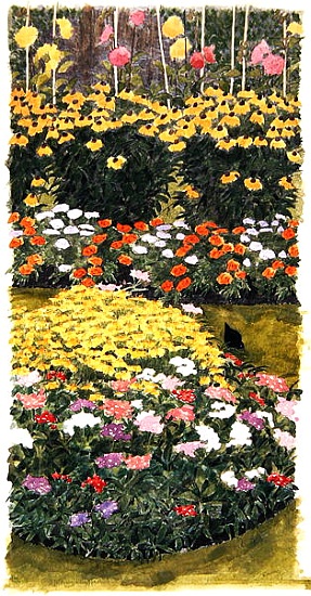 Flower border and blackbird von Linda  Benton